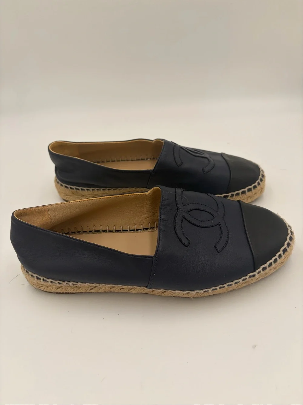 CHANEL Navy and Black  Leather Espadrille Loafer with CC Logo size 37 US 6.5